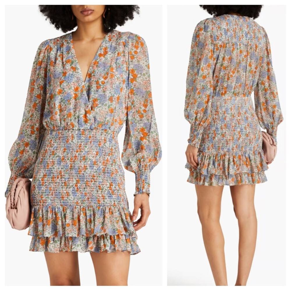 Veronica Beard Saera SILK Shirred Floral Chiffon Mini Dress Flowers Boho 6
